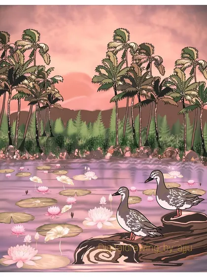 A soft, pastel pink version of the duck pond painting, giving it a gentle, dreamy quality.