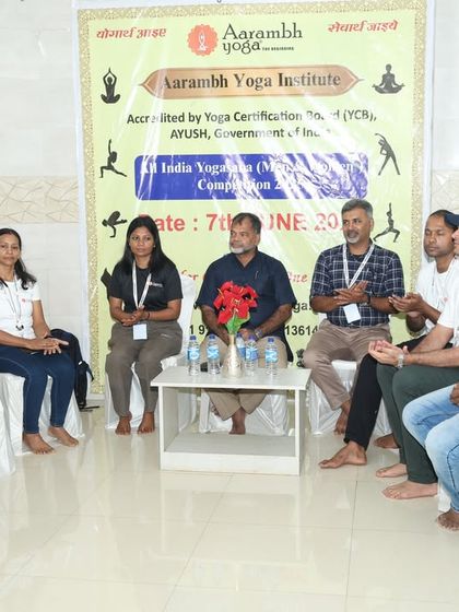 A panel discussion with our chief guest and judges at the Yogasana Competition, a valuable session of shared knowledge and insight.