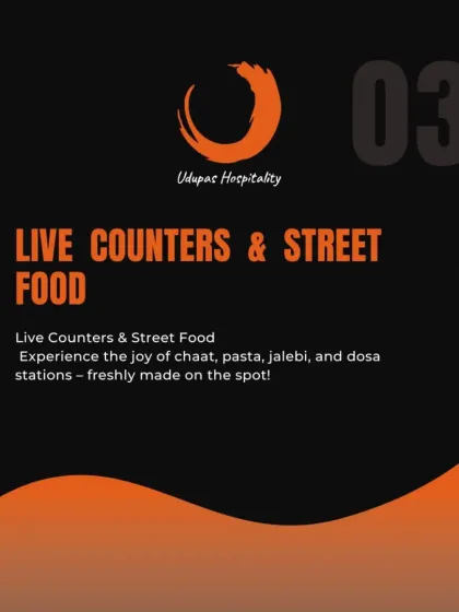 This graphic highlights our popular live counters and street food options. We bring the joy of freshly made chaat, pasta, jalebi, and dosa stations directly to your event.