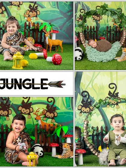 A collage of my jungle theme, suitable for both newborns and toddlers. We have friendly animal props and a lush green backdrop for a wild adventure.