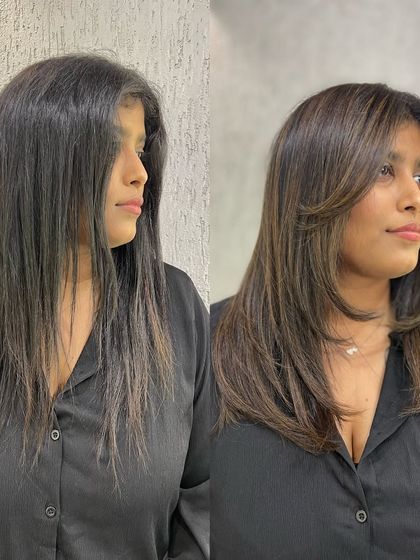 This before-and-after shows the power of a good cut and color. We transformed her hair with layers and a beautiful brunette shade that adds confidence.