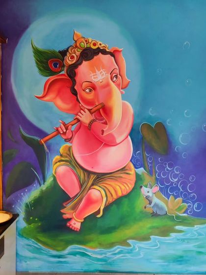 A full view of the 'Venu Ganapa' mural, showcasing its vibrant colors and placement within a home setting. The composition includes the moon, water, and his vahana, the mouse, creating a complete narrative scene.