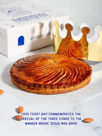 The pastry comes with a paper crown, part of the fun tradition of finding the hidden "fève" inside.