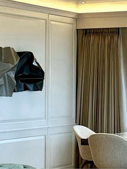 A grey and matte black sculpture I created for a gorgeous home designed by Sarjita Raiyani, seen here in a close-up shot.