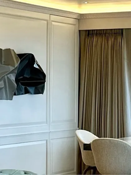 A grey and matte black sculpture I created for a gorgeous home designed by Sarjita Raiyani, seen here in a close-up shot.