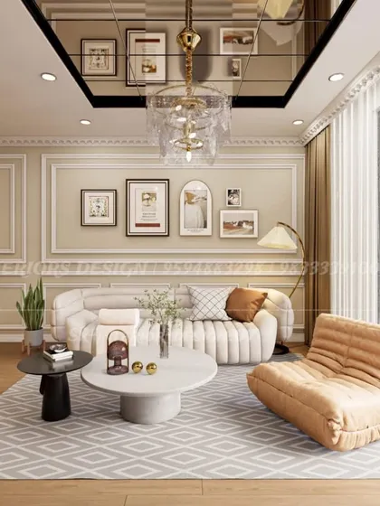 A full view of a chic living room, showcasing a mirrored false ceiling that reflects the elegant chandelier. The layout is designed to be open and welcoming, perfect for entertaining guests.
