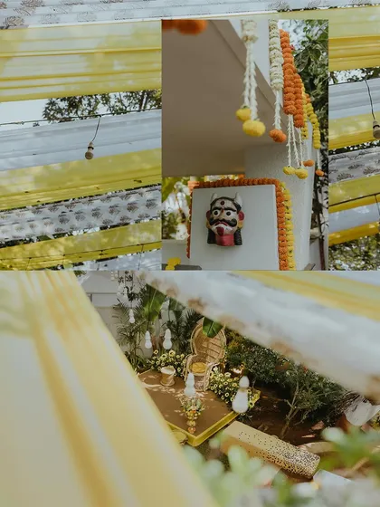 A collage of the simple yet beautiful Haldi decor for a home ceremony, featuring yellow and white drapes and marigold flowers.