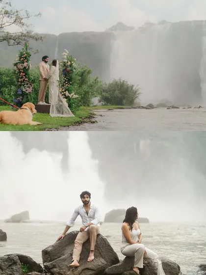 A complete story in two frames. The top image shows the beautiful ceremony setup for Gokul and Vandana's vow renewal, while the bottom captures a quiet, intimate moment between them, all against the stunning Athirappilly waterfalls.