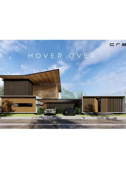 A duplicate of the 'Hover Over' exterior render, this image was used to finalize the home's street presence and the composition of its primary architectural volumes.