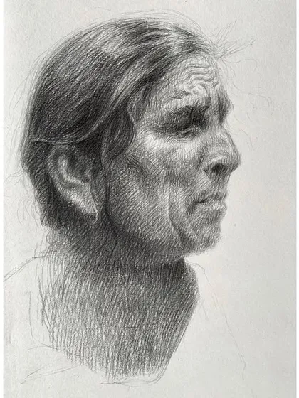 A mixed media drawing on paper titled "Destitute of Vision." This piece is a study of a visually impaired woman I observed, where I used pencil and pastels to explore expression and emotion without relying on a full color palette.