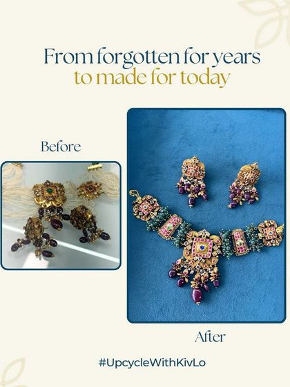 These forgotten pieces, with their worn-out kundan, were given a complete makeover. We redesigned them into a heritage-style necklace and earrings, adding new stones and rearranging the elements for a fresh, vibrant look.