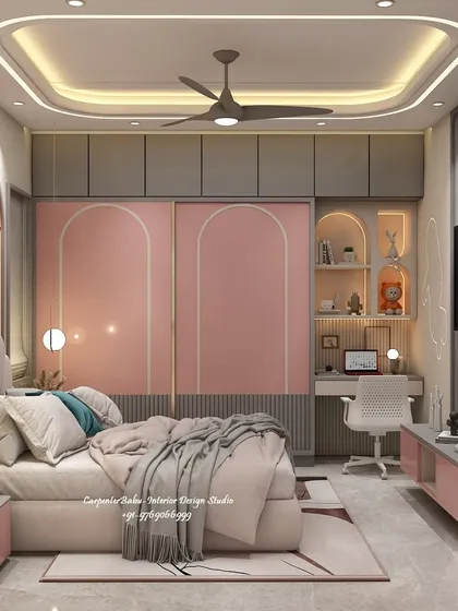 A full view of a kids' bedroom with a shell-shaped headboard and a "hello" sign. The design includes a wardrobe with arched panels and an integrated study desk.