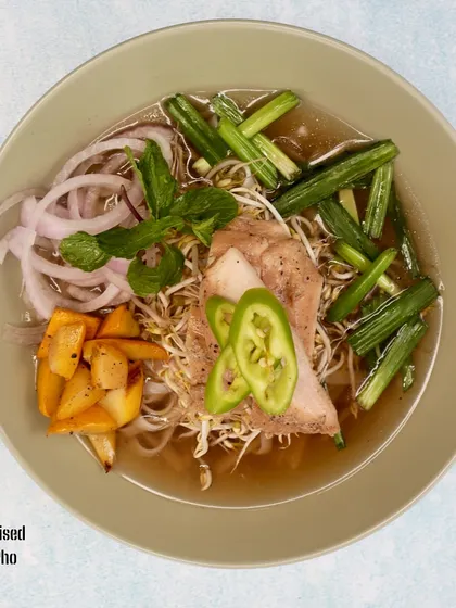 Vietnamese Soul Bowl: Mirin Braised Chicken Pho: Pho is the heart of Vietnamese cuisine. Our version features a clear, aromatic broth, mirin-braised chicken, and fresh herbs for a soup that is both light and deeply satisfying.