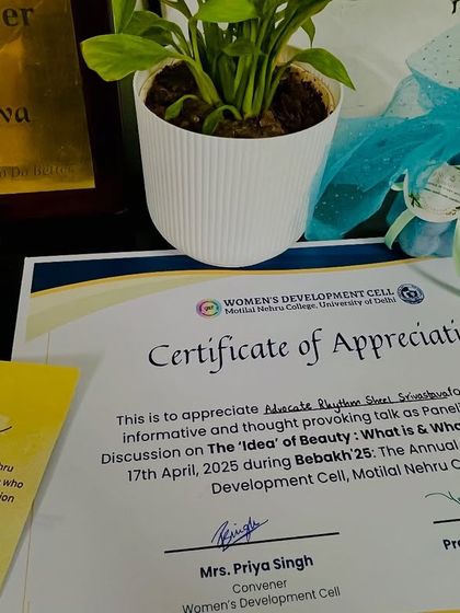 Another look at the certificate and gifts from the Women's Development Cell at Motilal Nehru College. It was a privilege to contribute to a dialogue that challenges norms and redefines beauty.