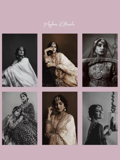 A collage showcasing the variety of shots from a single bridal campaign. It demonstrates how we create a full suite of images, from close-ups and portraits to full-length shots, all maintaining a consistent, elegant mood.