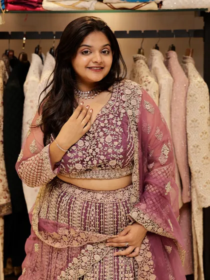 Wrapped in dreamy net and crafted with intricate love. This pink lehenga showcases the dazzling details that make my rental outfits special.