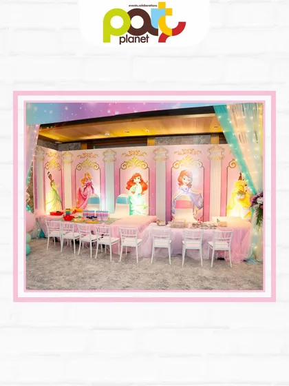 A princess-themed dining area with character backdrops and elegant seating, making every little guest feel like they are attending a royal banquet.