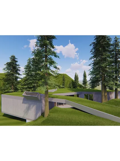 A wide view of a home designed to blend with the earth. The structure is partially embedded in the hill, and its green roof makes it an integral part of the rolling landscape, demonstrating a deep respect for the natural environment.