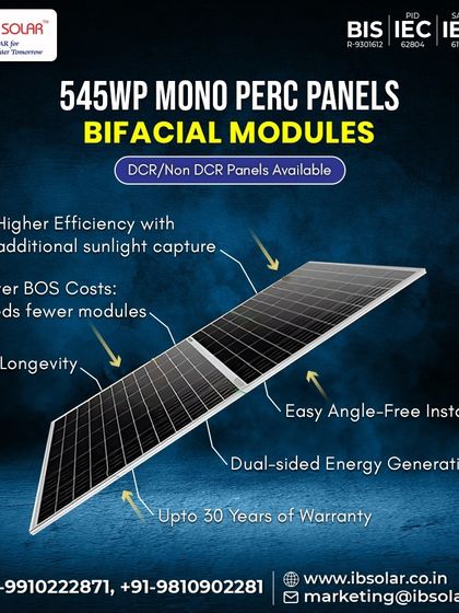 Our 545WP Mono PERC Bifacial modules offer higher efficiency by capturing sunlight from both sides. This technology leads to lower Balance of System (BOS) costs, better longevity, and is backed by a 30-year warranty for guaranteed performance.
