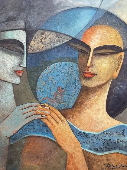 This is an example of my acrylic on canvas work, a handmade original painting measuring 30 by 30 inches. I focus on creating beautiful paintings that explore human connection and emotion through a modern, figurative style.