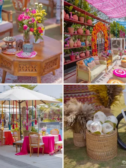 A collage of decor details from the wedding carnival, showcasing the colourful seating areas, floral arrangements, and personalized touches that created a festive atmosphere.