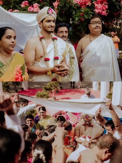 A collage showing the groom's anticipation and the pivotal 'dhare' ceremony, where families come together to bless the couple.