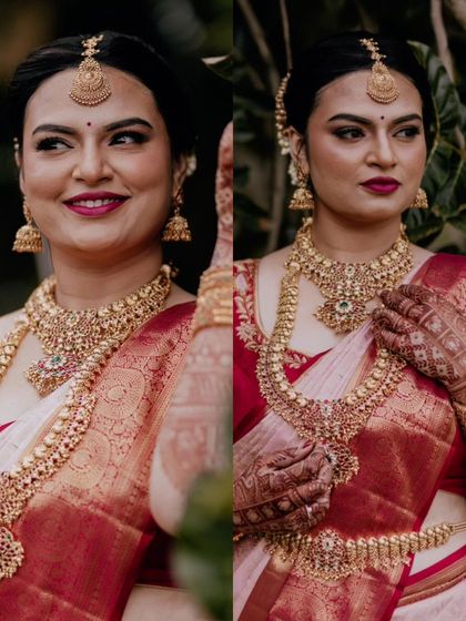 A collage of a bride's portraits, showcasing her expressive face and the intricate details of her wedding jewelry.
