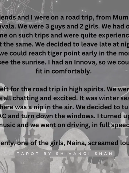 A road trip story where a girl sees a woman with white eyes running alongside their car at 100 km/h.