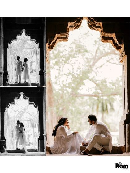 This layout combines dramatic black and white silhouettes with a soft, romantic color portrait. It showcases the versatility of a single location, capturing both grand and intimate moments.