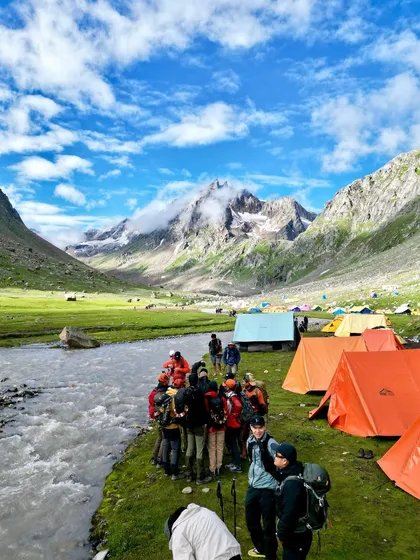 Our group getting ready for the day's hike from one of our beautiful campsites along the Hampta Pass trail.