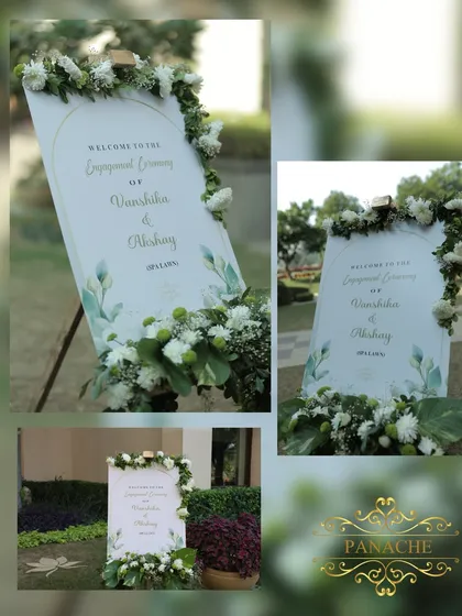 A collage of the different welcome signs used for the engagement ceremony, all maintaining a cohesive and elegant design.