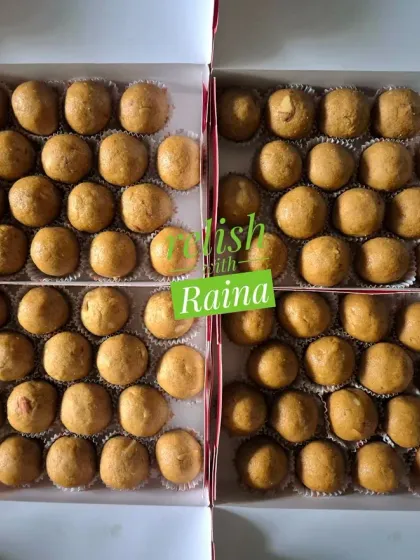 A large order of Besan Laddoos for Ganpati. Their long shelf life makes them an ideal sweet for the 10-day festival.
