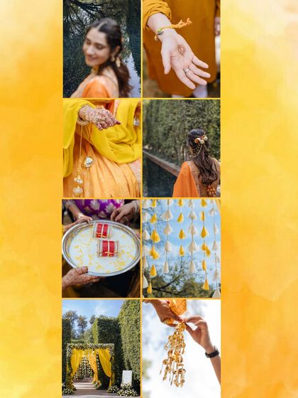 A collage of beautiful details from a Haldi ceremony, from the decor and outfits to the kaleeras and henna.