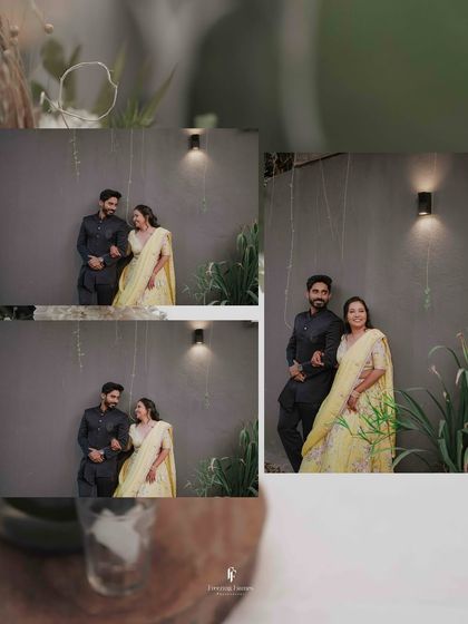 A collage of a couple's engagement photos taken at a farmhouse, showcasing a relaxed and rustic vibe.