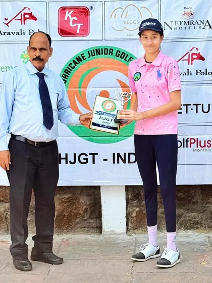 Prisca Sachdeva receives her 2nd position trophy at the Hurricane Junior Golf Tournament, the Inaugural Aravali Cup.