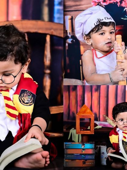 A collage showing a baby in a Harry Potter costume and a little chef outfit, highlighting two of my popular themes.