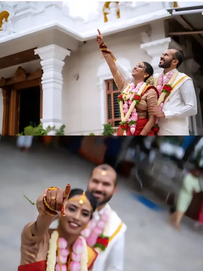 A happy, candid moment of the couple outside the temple after their wedding. These joyful, unposed shots capture the excitement of being newlyweds.