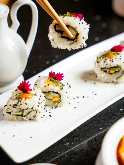 A piece of sushi held up by chopsticks, ready to be eaten. The minimalist composition on a clean white plate with black sesame seeds puts the focus entirely on the fresh ingredients and delicate presentation.