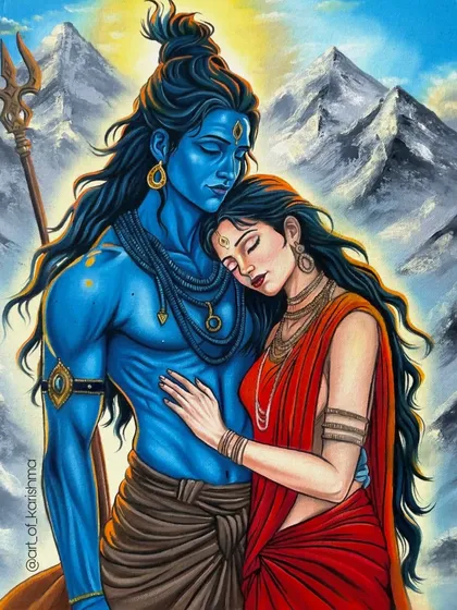 This oil painting captures the divine embrace of Shiva and Parvati against the backdrop of the Himalayas. Every brushstroke is an ode to their eternal love, a harmony of divine masculine and feminine energies.
