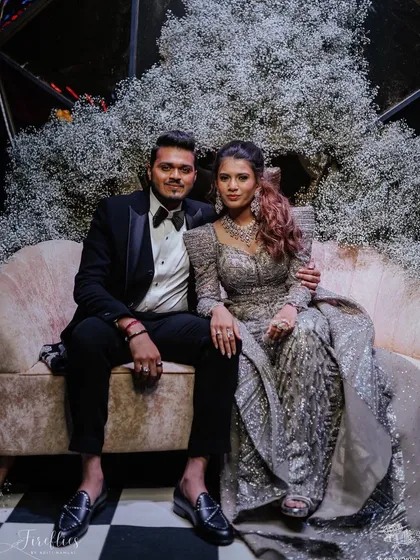 The happy couple, Yasha and Rahil, posing in a photo booth surrounded by a cloud of baby's breath. This created a soft, dreamy contrast to the high-energy vibe of the rest of the Sangeet.