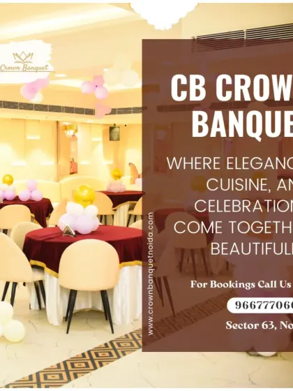 We bring elegance, cuisine, and celebrations together beautifully. This image showcases a different color scheme, with tables dressed in rich red cloths and accented with simple balloon centerpieces for a classic party look.