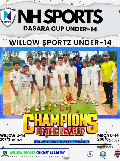 This is the result of dedication. Our Under-14 team stands proud as Champions of the League at the NH Sports Dasara Cup. We train our players for competitive cricket, and moments like these are a testament to their hard work and our structured match preparation.