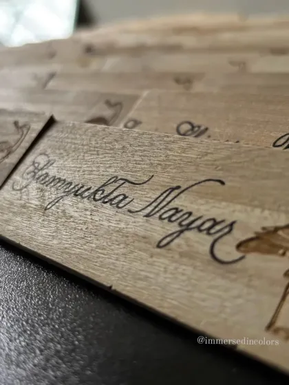 The dark ink contrasts beautifully with the light grain of the wood. This project for Diageo involved personalizing over 50 of these blocks for a special event.