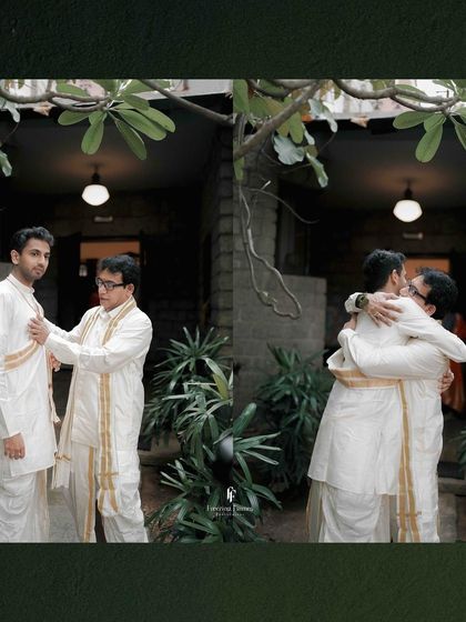 A touching diptych of the groom being assisted by a family member and then sharing a heartfelt hug. These family moments are a crucial part of the wedding story.