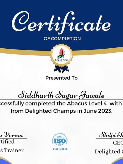 A huge round of applause for Siddharth Sagar Jawale on completing Abacus Level 4 with a grade A. I am so proud of your hard work and success.