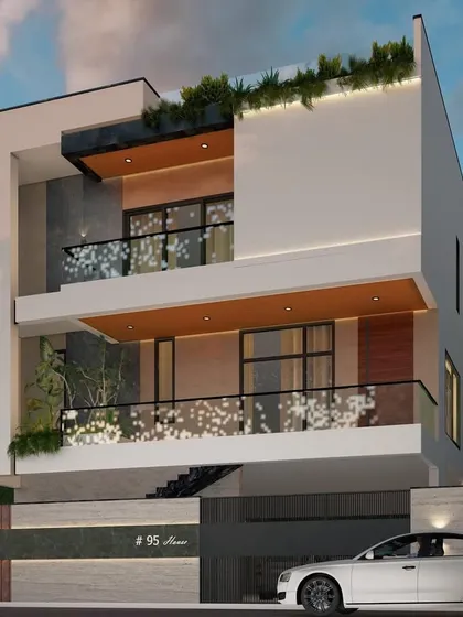 An elegant facade design that defines the building's unique architectural aesthetic. This render showcases a cantilevered upper floor, integrated planters, and a mix of textures for a sophisticated modern look.