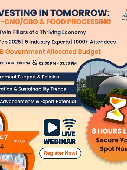 An "8 Hours Left" countdown ad for our webinar, this graphic frames Bio-CNG and Food Processing as the "twin pillars of a thriving economy." It uses large numbers like a $1.4B government budget to convey the scale of the opportunity.