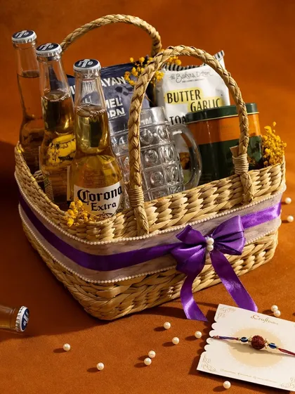 Our beer hamper, complete with a Rakhi. It’s a fun and thoughtful way to celebrate with your sibling, combining their favourite drink with delicious snacks.