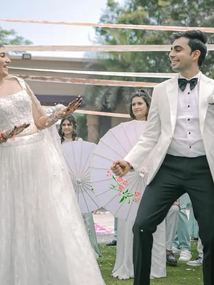 Who knew walking could be this much fun? A choreographed entry for the couple's engagement party.