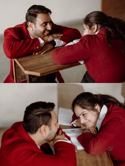Leaning over a desk, lost in conversation. We love creating unique, themed pre-wedding shoots that tell a specific story about the couple.